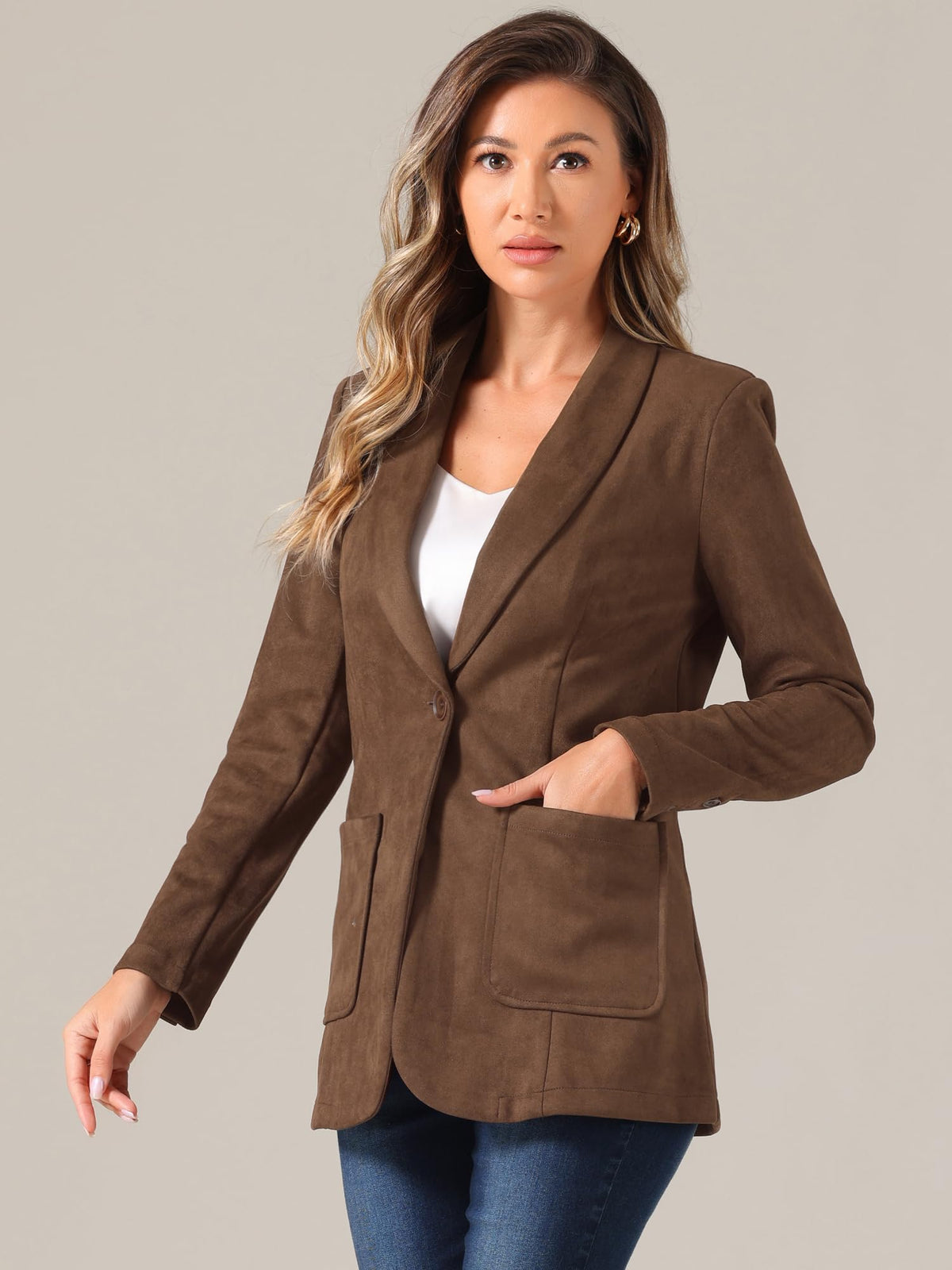 Allegra K Faux Suede Blazer for Women's Lapel Collar One Button Dressy Suit Jacket Small Brown