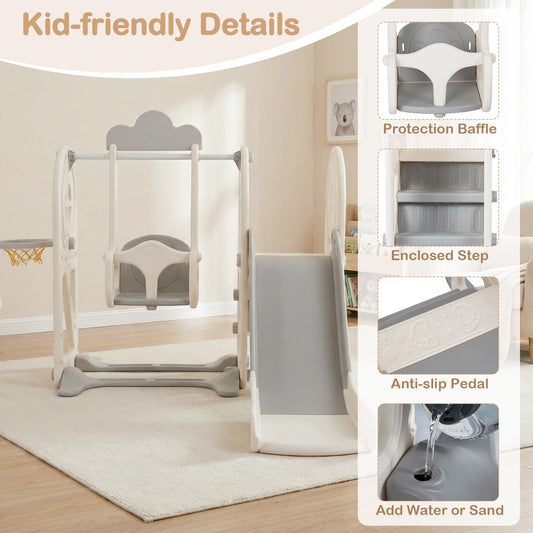 OLAKIDS Toddler Slide and Swing Set, 5 in 1 Bus Themed Baby Slide with Climber Basketball Hoop Car Playhouse for Indoor Outdoor Boys Girls Aged 3+ (Grey)