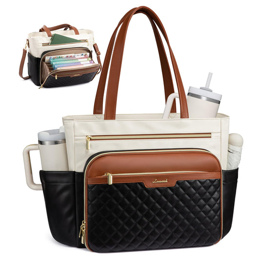 LOVEVOOK Teacher Tote Bag with Accordion File Pocket, Soft PU Leather Work Briefcase Quilted Laptop Bag with Large Cup Holder