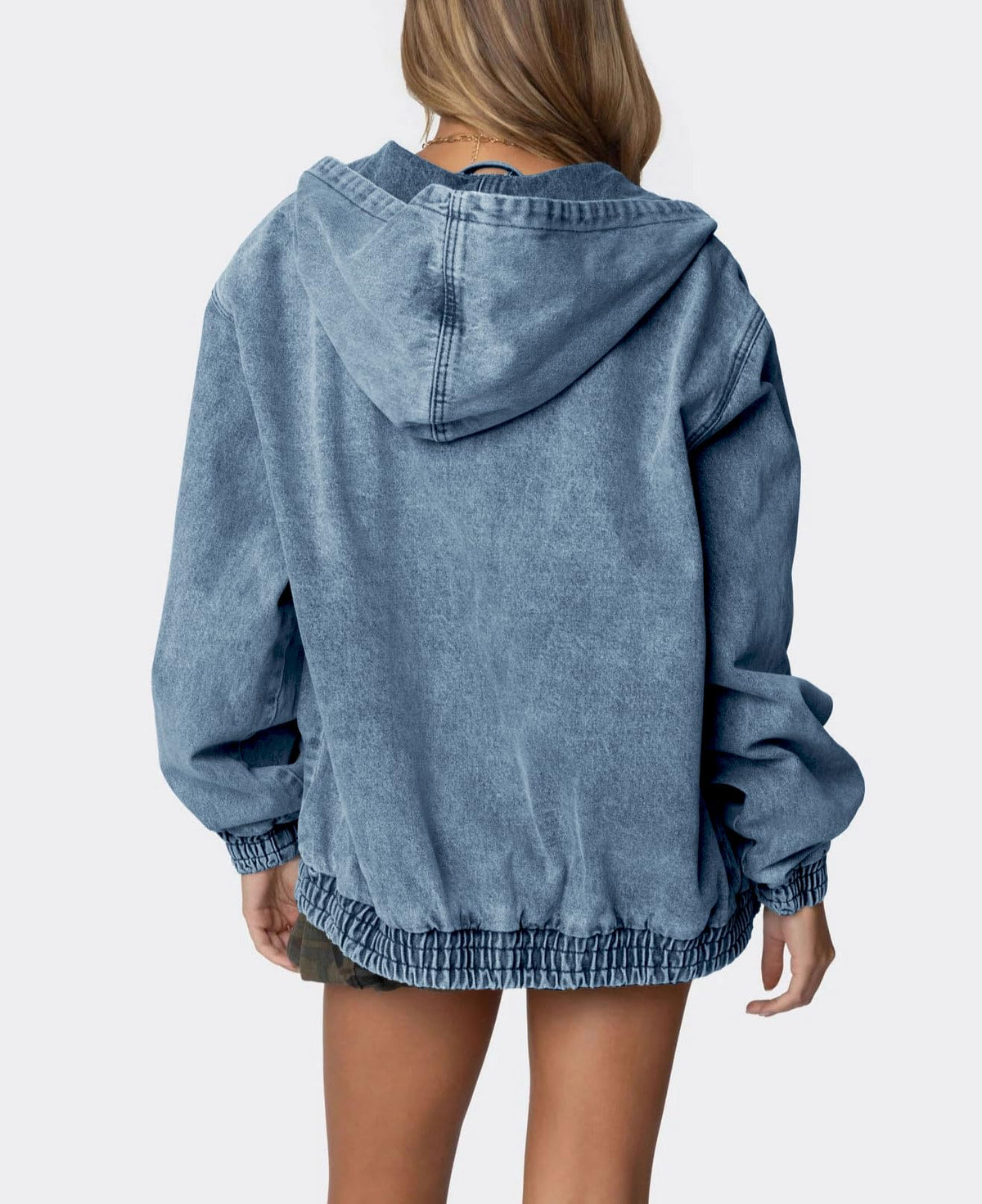 chouyatou Women's 2026 Spring Hooded Denim Jacket Zip Up Jean Hoodie Trench Coat Casual Loose Bomber Jacket (Small, Medium Blue)