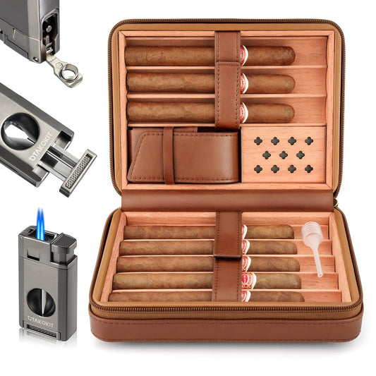 OTAKOKIT Portable Cigar Humidor, Leather Cedar Wood Cigar Case with Cigar Lighter, V Cut Cigar Cutter, Cigar Punch 3 in 1, Travel Cigar Humidor Box 8 Cigars with Humidifier, Brown