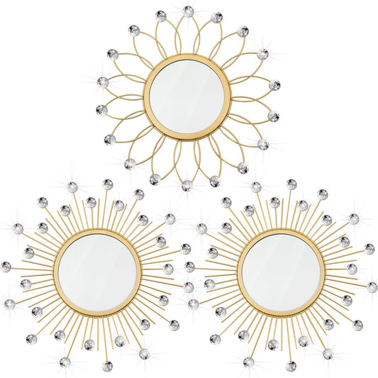 3 Pack Metal Mirrors for Wall Sunburst Wall Mirrors Home Décor Decorative Hanging Wall Art for Living Room Bedroom Entryway (Gold Crystal, Flower+Sunburst)