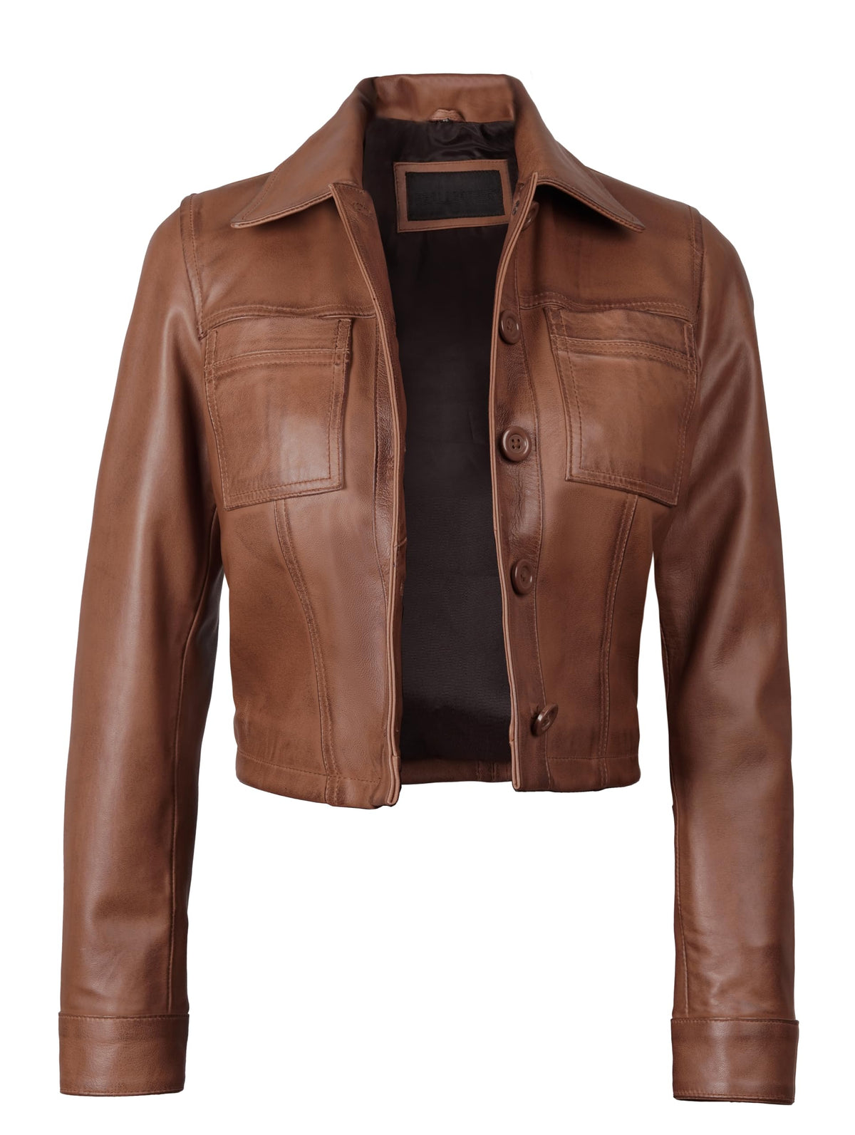 Decrum Jackets For Women Leather - Cropped Leather Jacket | [1329314] Mable Cognac Wax, L