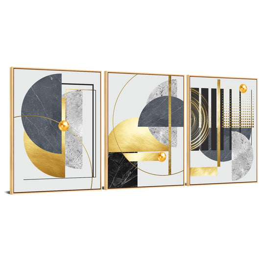 3Pcs Black Gold Canvas Wall Art Decor, Abstract Framed Painting Poster Print Nordic Luxury Geometric Artwork for Living Room, Marble Wall Painting for Bedroom Dining Room 12x16 in