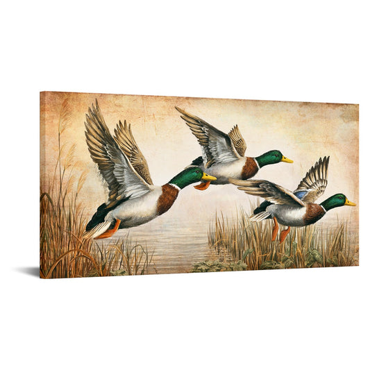 LevvArts Mallard Ducks Wall Art Canvas Flying Duck Pictures Painting Lake House Cabin Farmhouse Artwork Decor 20"x40"