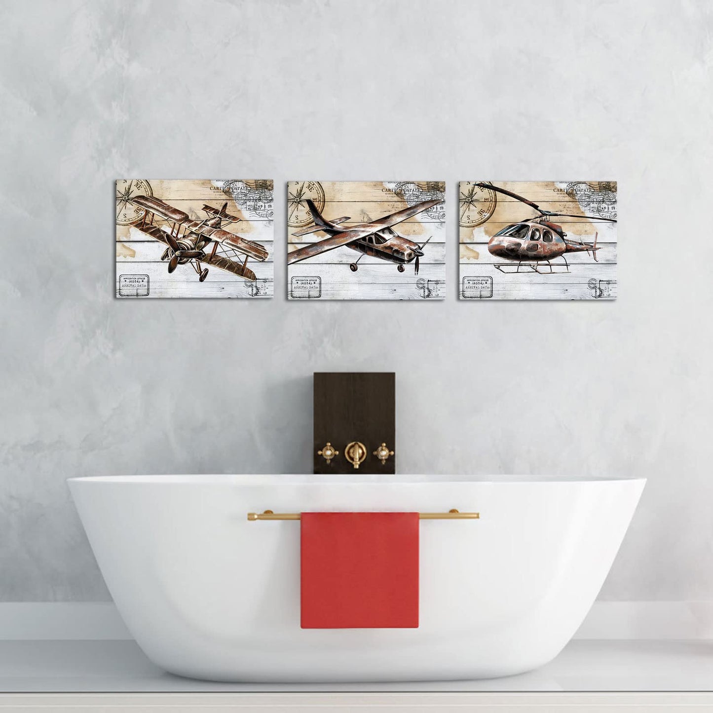 KLVOS Airplane Canvas Wall Art Retro Biplane Propeller Plane Helicopter Picture on Wood Texure Giclee Print Artwork Stretched and Framed Aircraft for Kids Boy Room Wall Decor 12x16inchx3pcs