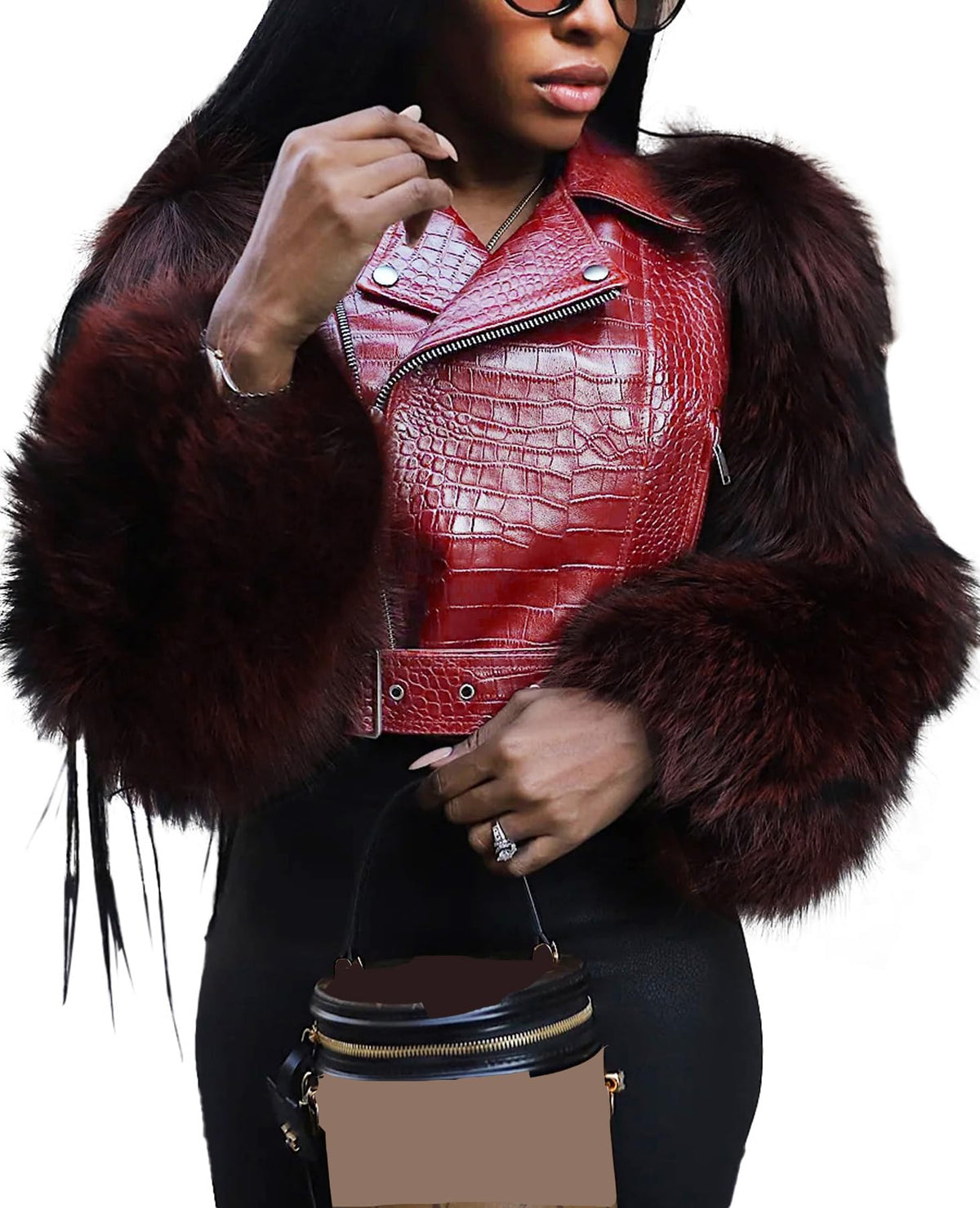 pnahip Faux Fur Leather Jackets for Women Lapel V Neck Long Sleeve Zipper Patchwork Crop Jacket Going Out Outerwear, Red, XL