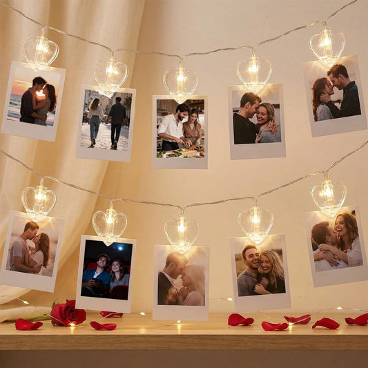 20 Photo String with Clips for Hanging Pictures,9.85Ft Valentine's Day Clear Photo Clip Lights for Wall Bedroom Wedding Birthday Party Home Decorations (Heart-USB)