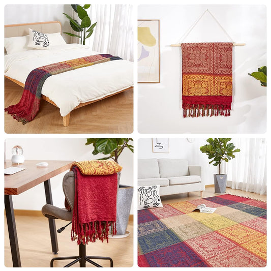 amorus Bohemian Throw Blankets Chenille Jacquard Tassels Soft Chair Cover for Bed Couch Decorative Sofa Throw Blankets - Colorful Tribal Pattern (Red, 60x75 Inches)