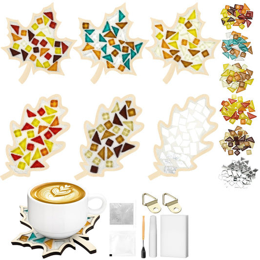 Honeydak 6 Sets DIY Glass Mosaic Tiles with 6 Wooden Coasters Making Mosaic Crafts Material Package Mixed Stained Glass for Handmade Colorful Home Decor Gift Indoor(Maple Leaf,Autumnal Color)