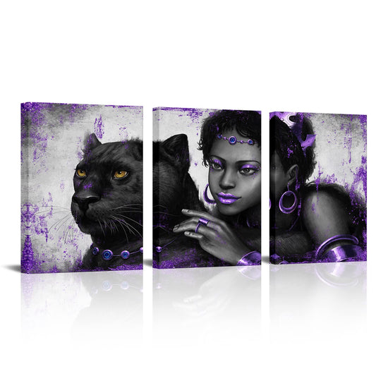 Kalormore Purple Fashion Picture for Girl Bedroom Glam Elegant African American Black Woman with Queen Crown and Panther Painting Giclee Canvas Prints Wall Decor Gallery Wrapped Artwork Gift Makeup