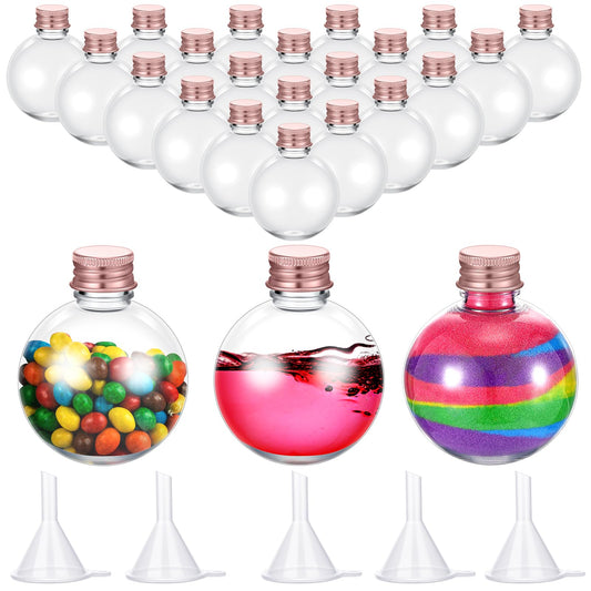 Layhit 24 Pcs Spherical Plastic Potion Bottles Ball Shape Round Bottles 3.4 oz Sand Art Jar with 5 Funnels Decorative ‌container Candy Jar for Valentines Birthday DIY Crafts(Rose Gold,Aluminum Lid)