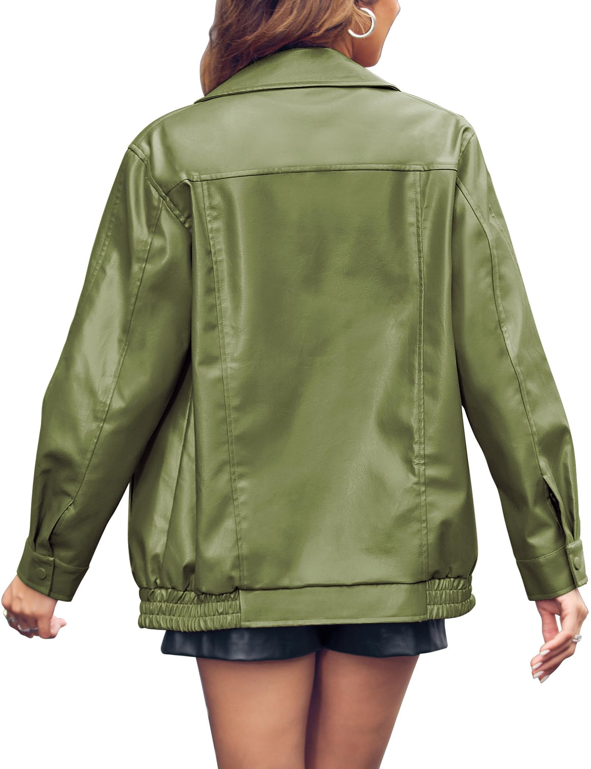 Miladusa Womens Leather Jackets Faux Fashion Zip Up Long Sleeve Solid Color Motorcycle Jacket with Pockets Military Green M