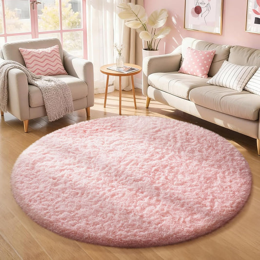 Ophanie Pink Round Area Rug - 5Ft Fluffy Soft Shaggy Carpet for Girls' Bedroom & Nursery Decor