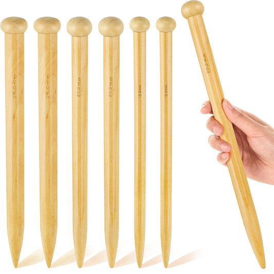 MTLEE 6 Pcs Large Knitting Needles Jumbo Straight Wooden Knitting Needles 3 Sizes Extra Large Weaving Tool for Chunky Yarn Beginner DIY Fabric Crafts Crochet 15mm 20mm 25mm (Natural)