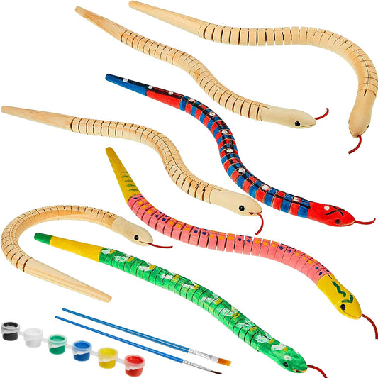 BBTO 10 Pieces Wooden Snake Unfinished Wooden Wiggly Snake Jointed Flexible Wooden Snake with 12 Colors Acrylic Craft Paint and Paint Brush for Arts and Crafts Halloween Party Decoration