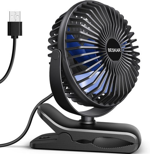 BESKAR Portable USB Clip-On Fan - 3-Speed Strong Airflow | Quiet Personal Desk Fan with Sturdy Clamp