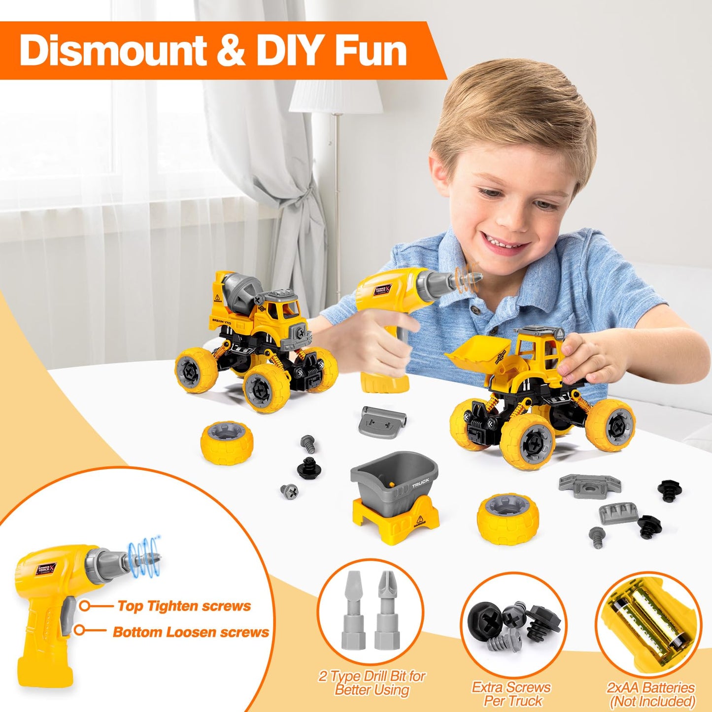 LUDILO 4PCS Take Apart Toys for 4 Year Old Boys Construction Toys with Electric Drill DIY Assembly Building Stem Toys Trucks Gifts for 3 4 5 6 7 8 Year Old Boys Girls Kids Learning Educational Toys