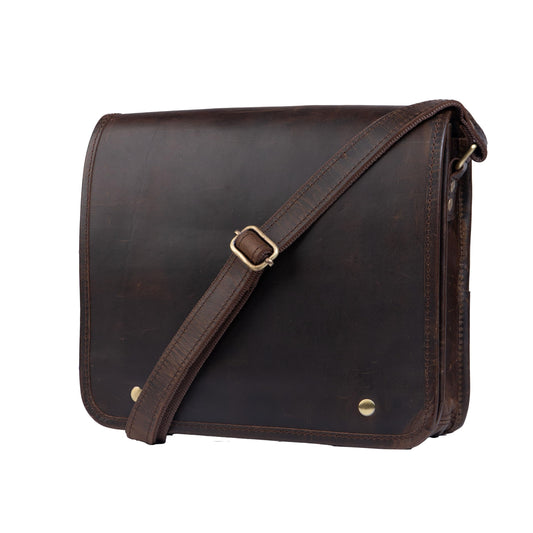 Satchel And Fable Leather cross body Shoulder I pad Messenger full flap Bag 11 Inch (Dark Brown, 11 inch)