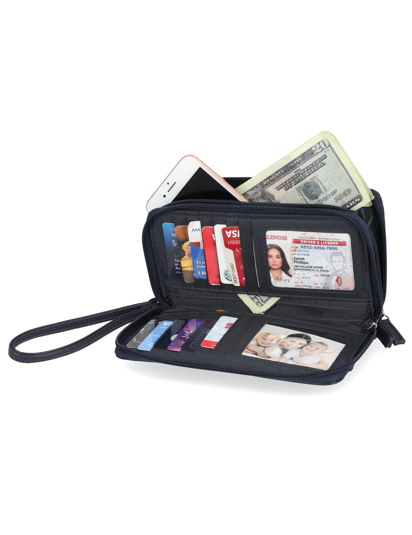 Nautica On The Double Zip Around Vegan Leather Womens RFID Clutch Wallet With Wristlet Strap, Indigo
