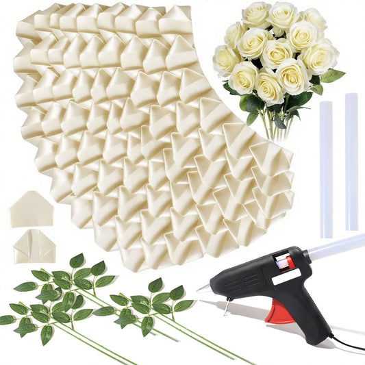 KAKABUBBLE 300PCS DIY Rose Petal Kit with Glue Gun, Sticks & Leafy Stems | Half-Finished Satin Ribbon Flower Craft Set | for Wedding, Anniversary, Birthday Bouquets (Cream White)