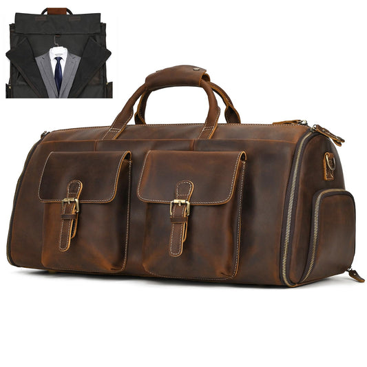 Leather Garment Bag for Men, Convertible Carry on Garment Duffel Bag for Travel Weekender Bag 2 in 1 Hanging Suitcase Suit Bag