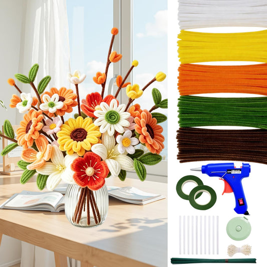 Zeadylaris 500 Pcs Thick Pipe Cleaners Craft Kit for Beginners – 5 Colors Chenille Stems for DIY Flowers & Crafts, with Glue Guns, Floral Wires & Ribbon – Perfect for Family Fun, Holiday & Room Decor