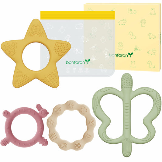 Bonfaran 4 Pack Baby Teether Set with Food-Grade Storage Bag, Extra Soft & Multi-Textured for All Teething Stages, BPA-Free Silicone Teething Toys for Babies 0-6 6-12 Months, Teething Rings