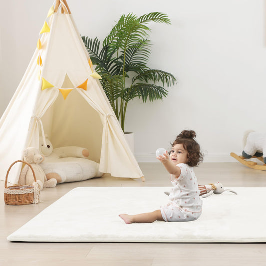 PAPAMAT 1.5" Thick Baby Play Mat for Floor, 59x79 Playpen Mat, Pro Soft Flannel Foam Mats Toddler Infant Kids Crawling for Nursery Rug Playroom Living Room Waterproof Easy Care Non-Slip (Cream)