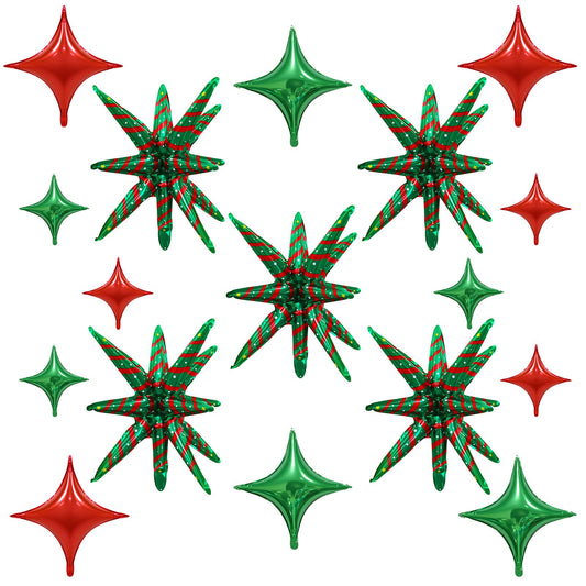 17PCS Christmas Foil Balloon Set, Including Popping Stars and Four Pointed Stars Balloons, Suitable for Christmas Party Decorations, Holiday Home and Event Supplies