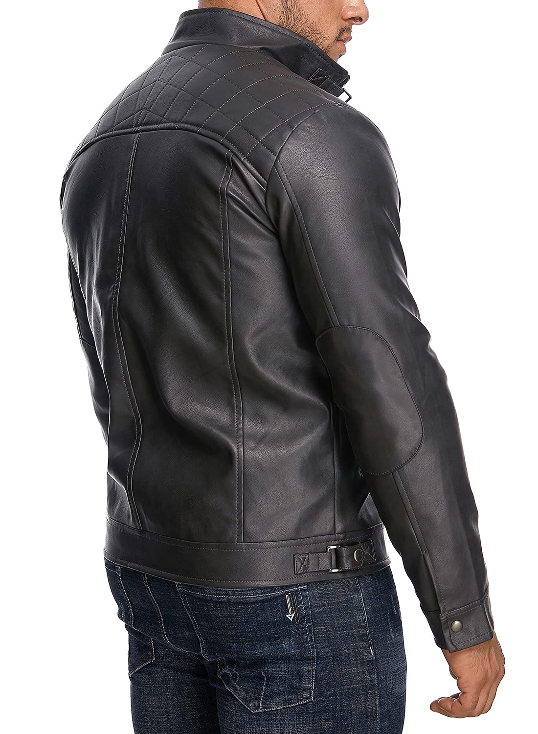 HOOD CREW Men’s Stand Collar Leather Jacket Casual Faux Leather Motorcycle Jacket Outerwear Coat with Zipper Pockets Black XL