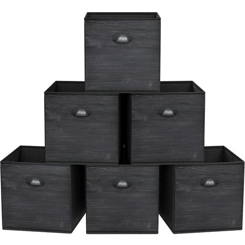 homyfort Fabric Cube Storage Organizer Bins, 12x12 Inch Black Wood Grain PRINTING Storage Cubes, Closet Cloth Baskets Box For Shelves, Set of 6