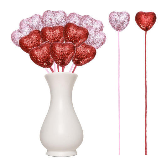 MECCANIXITY 12 Pcs Glitter Heart Shaped Picks Puffy Foam Hearts Floral Sparkly Stick for Valentine's Day Wedding Decor Home Vase Supplies Flower Arrangements Crafts (Red/Pink, 3cm x 21cm)