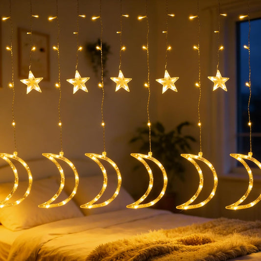 TW SHINE Star & Moon Curtain String Lights - 138 LED, 8.2 FT, Waterproof with 8 Modes & Timer for Ramadan Decor