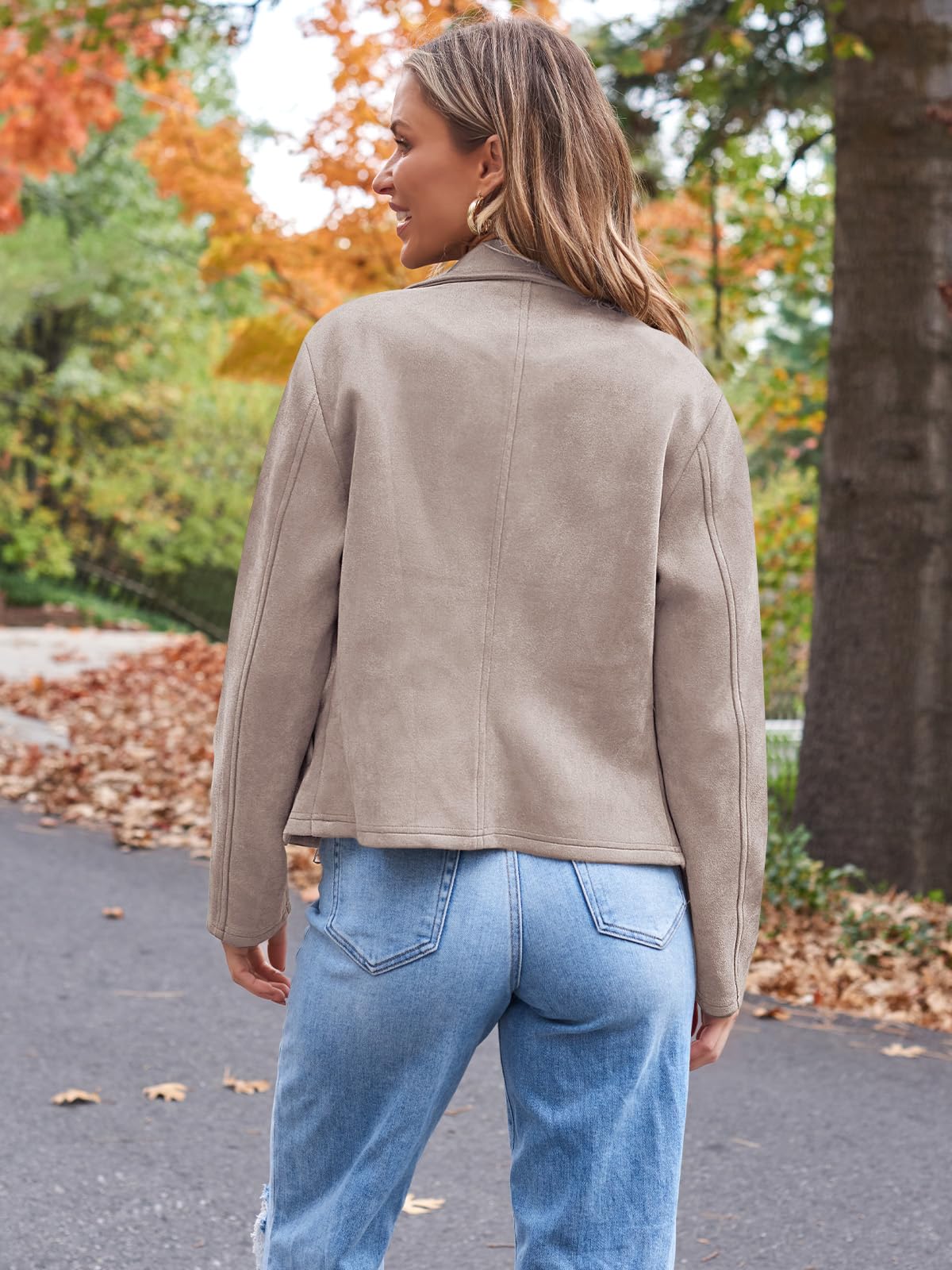 AUTOMET Women's Faux Suede Leather Jacket Cropped Open Front Cardigan Buttery Soft Lightweight Fall Coat Apricot S