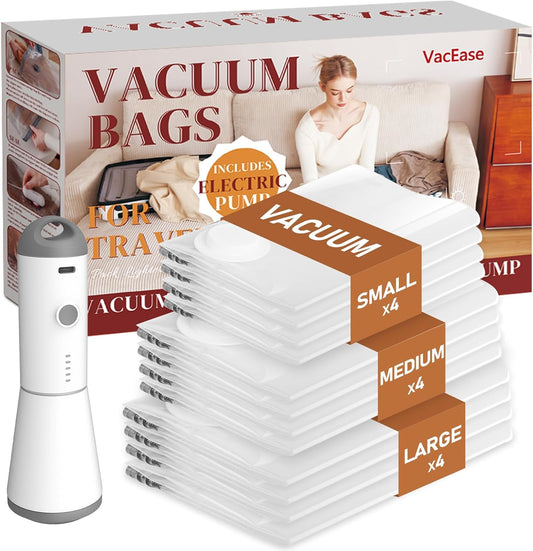 Vacbird Vacuum Storage Bags - 12 Pack with Rechargeable Cordless Pump | Compression Packing for Clothes, Blankets & Pillows