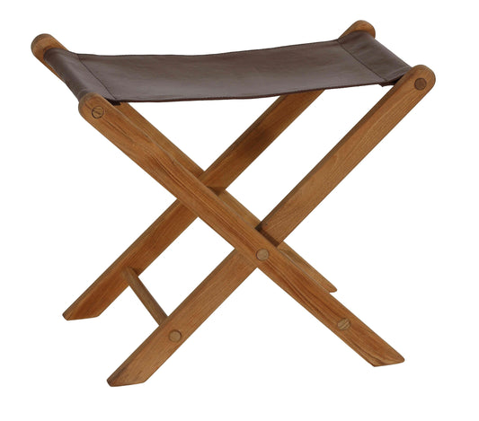 Bare Decor Davie Teak and Leather Folding Accent Stool, 18", Saddle Brown