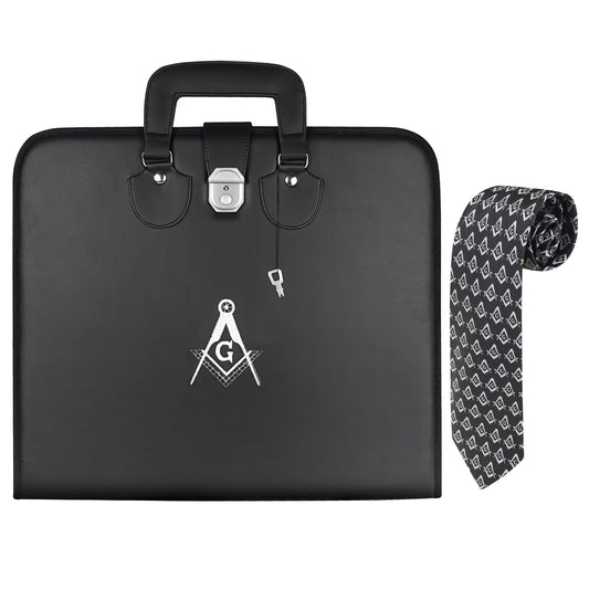 UzairUmair Masonic Master Mason Blue Lodge Apron Case, Faux Leather, 16x18 Inch white square and compass Embroidered Logo, Silk Knitted Tie Set