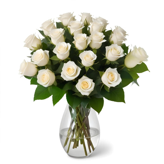 18 White Roses with Vase | Arabella Bouquets | Real Fresh Flowers for Delivery, Gift for Birthday Women, Congratulations, Anniversary, Thank You, Valentine's Day