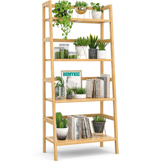 Homykic Ladder Shelf, 4-Tier Bamboo Ladder Bookshelf Small Bookcase, 49” Tall Open Display Shelves Wood Plant Stand Storage Rack for Living Room, Bathroom, Bedroom, Home Office