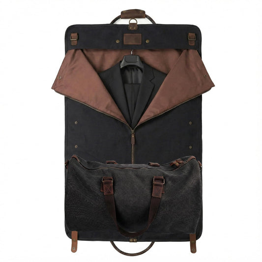 2 in 1 Suit Garment Duffle Convertible Carry-on Bag With Canvas Leather Shoulder Strap for Travel, Business Trips, Storage - Hangding Suit, Clothes, Dresses, Shoes (Black)