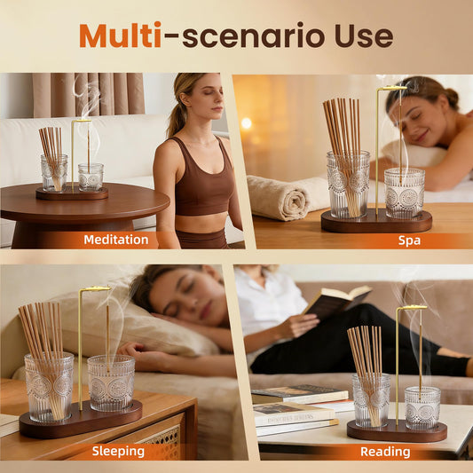 2 in 1 Incense Holder for Sticks, Vintage Glass Upside Down Incense Burner with Removable Ash Catcher & Solid Wood Base, Anti-Ash Flying Catcher for Meditation, Yoga, Spa & Home Decor- Brown