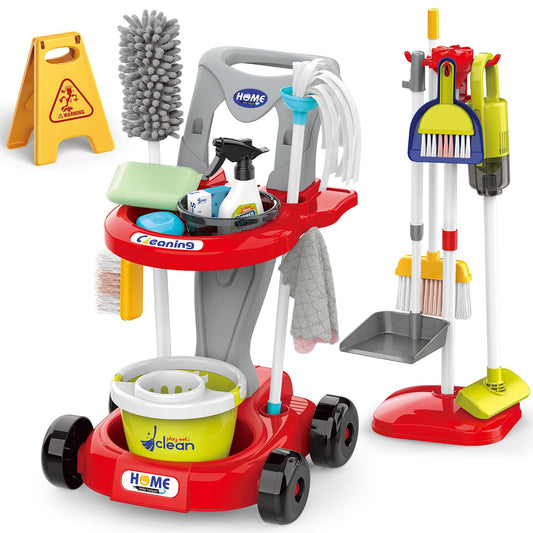 Toddler Cleaning Set，Kids Cleaning Toy Set，New 29-Piece Detachable Kids Cleaning Set for Toddlers - Pretend Play Educational Cleaning Carts (red)