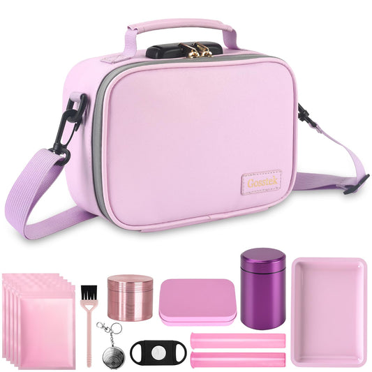 Gosstek Pink Leather Cosmetic Carrier Bag with 10 Accessories, Premium Organizers Box Case with Combination Lock and Great Gift for Women, Childproof Organization Container Pouch 9 X 6 X 4 Inches.