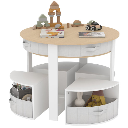 Kids Table and Chair Set, 5 Pieces Wooden Round Nesting Design Children Multi-Activity Table With 4 Storage Stools & 4 Fabric Drawers, Toddler Table and Chair Set for Play/Art/Reading/Craft