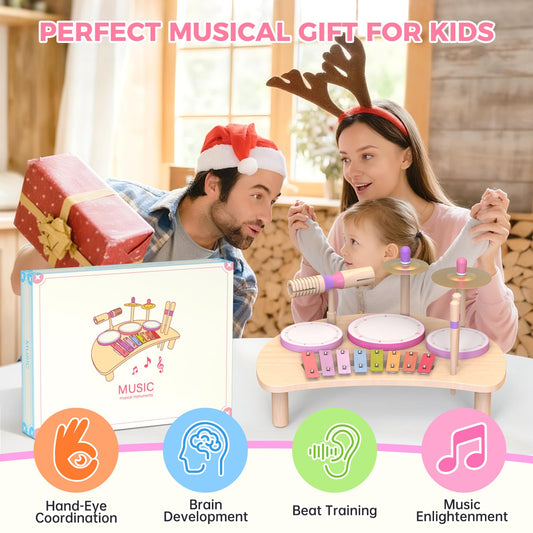 Toddlers Drum Set Toys for 1 2 3 Year Old Girls,Montessori Music Toy for Toddlers 1-3,Baby Drum with Xylophone,Musical Instruments Toy, Kids Birthday Gifts for Baby 18+ Months (Pink)
