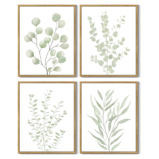 Drsoum Botanical Plant Framed Wall Art Boho Wall Decor for Bathroom Sage Green Eucalyptus Leaf Prints Minimalist Aesthetic Ready to Hang Set of 4, 8x10 in (Natural Framed)