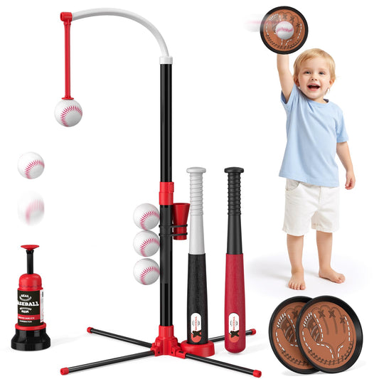 Wee Wonders 4 in 1 T-Ball Sets for Kids 3-5 with Toss and Catch Ball, Toddler Baseball with Auto Pitching Machine/6 Balls, Outdoor Sport Toys Gifts for Boys Girls