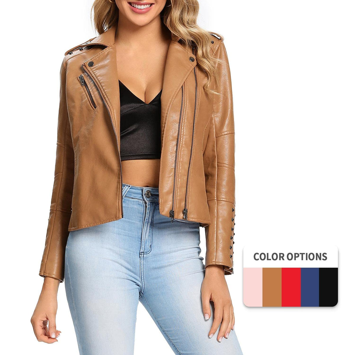 S P Y M Womens Faux Leather Jacket, Double Zip Up Coat, Moto Biker Outwear with Rivets, Regular and Plus Size