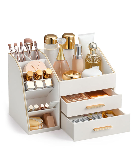 Lolalet Makeup Organizer Countertop with Drawers, Easy to Clean PU Leather Storage Box, 3-Layer Cosmetic Holder for Skincare, Lipstick, Perfume & Brush, Display Case for Vanity Dresser Bathroom -Cream